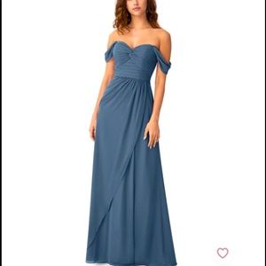 Neptune blue off shoulder bridesmaid dress. Built in boning to stay up.